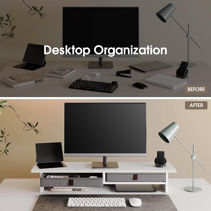 Fenge 35 Inch Monitor Stand with Drawer Storage, Computer Riser for Desk | Wooden Computer Shelf, 2 Tiers, for Dual Monitor/Laptop/PC/TV/Printer up to 55Lbs, Home Office Desk Organizer - Image 7