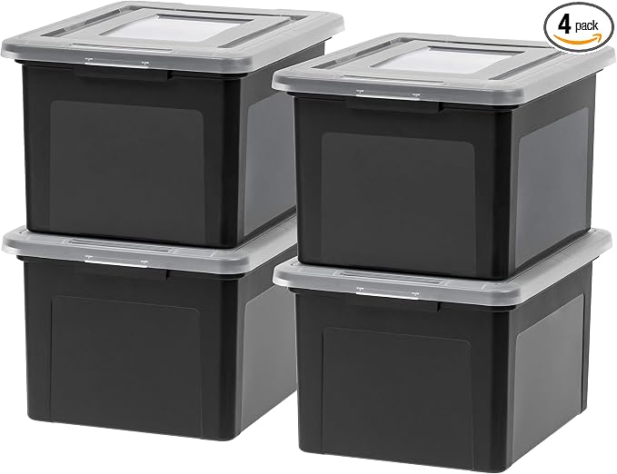IRIS USA 4-Pack 35 Qt. Letter/Legal File Box with Latching Lid, Black | Protect important documents, letter and legal files with secure storage for home offices, moving, and long-term organization by IRISUSA