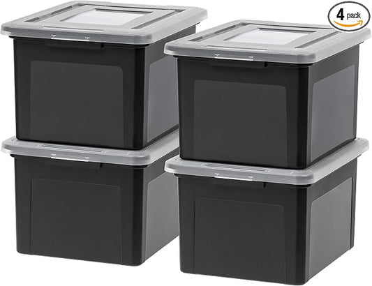 IRIS USA 4-Pack 35 Qt. Letter/Legal File Box with Latching Lid, Black | Protect important documents, letter and legal files with secure storage for home offices, moving, and long-term organization by IRISUSA