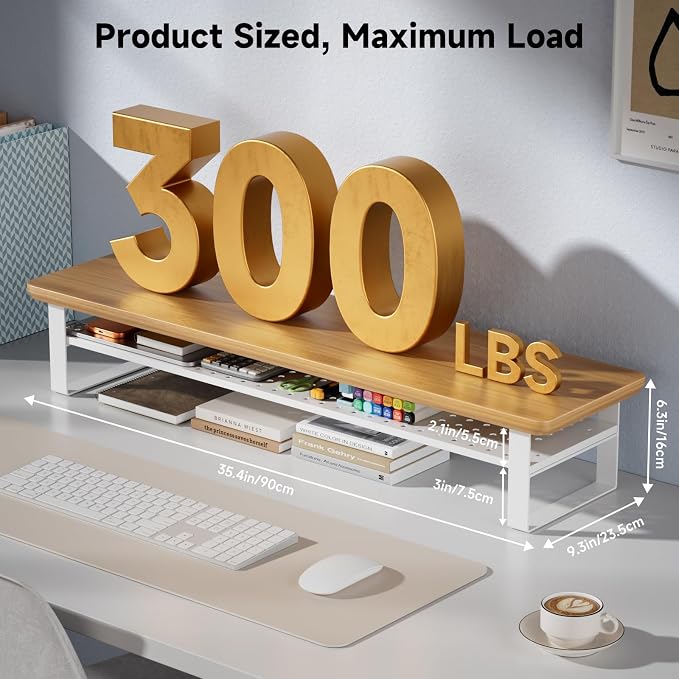 Dual Monitor Stand, 35.4 Inch Monitor Stand Riser for 2 Monitors, 2 Tiers Wood Desk Shelf with Storage, Desktop Organizer Stand for Computer, Laptop, Printer, TV - Image 2