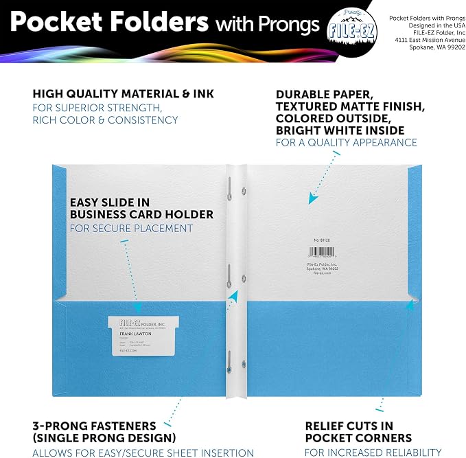 FILE-EZ Two-Pocket Folders with 3-Prong Fasteners, Light Blue Color, 25-Pack, Durable Textured Paper, Matte Finish, Letter Sheet Size (EZ-92520) - Image 2