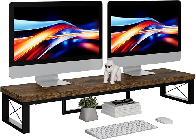 IBUYKE Large Dual Monitor Stand Riser for 2 Monitors, Wooden Desktop Computer Monitor Stand Storage Shelf and Steel Legs,Dual Screen Office Desk,Monitor Riser for Computer, Printer,Laptop,TV,Rustic Brown UTDJ002H by IBUYKE