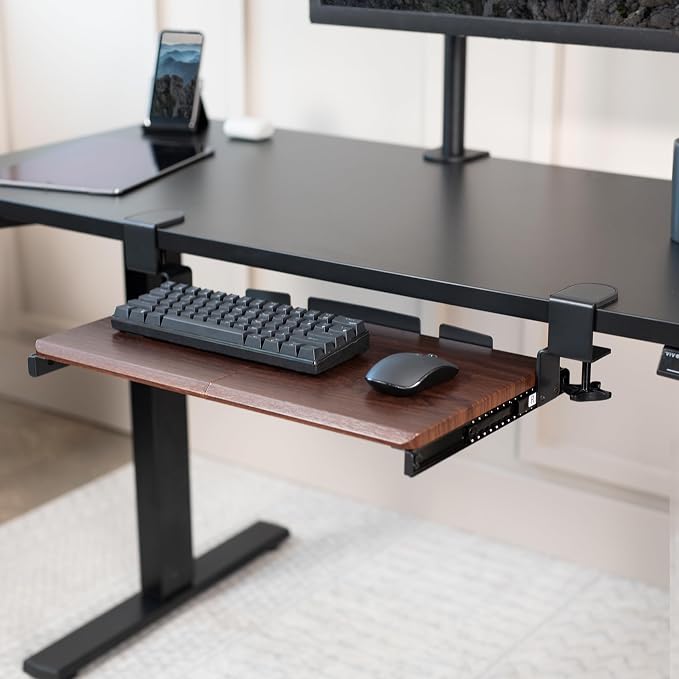 VIVO Small Keyboard Tray, Under Desk Pull Out with Extra Sturdy C Clamp Mount System, 20 (26 Including Clamps) x 11 inch Slide-Out Platform Drawer, Dark Walnut Top, Black Frame, MOUNT-KB05ES-D | Keyboard Tray for Typing, Slide Out Platform, Extra Sturd... - Image 2
