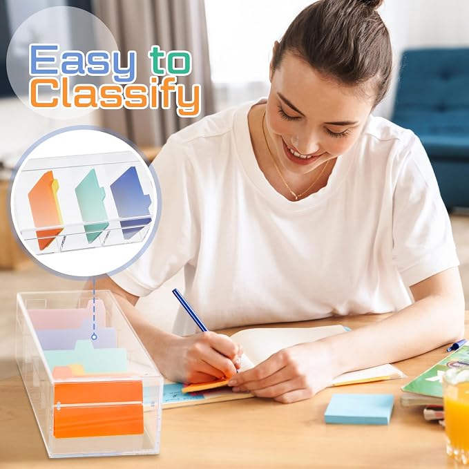 Mooliwe Index Card Holder Clear Acrylic Card Organizer 50 Pcs Divider Sheets for Desk File Note Holders, 4 Compartments Holds 600 Cards(2.2 x 3.5 Inch) - Image 5