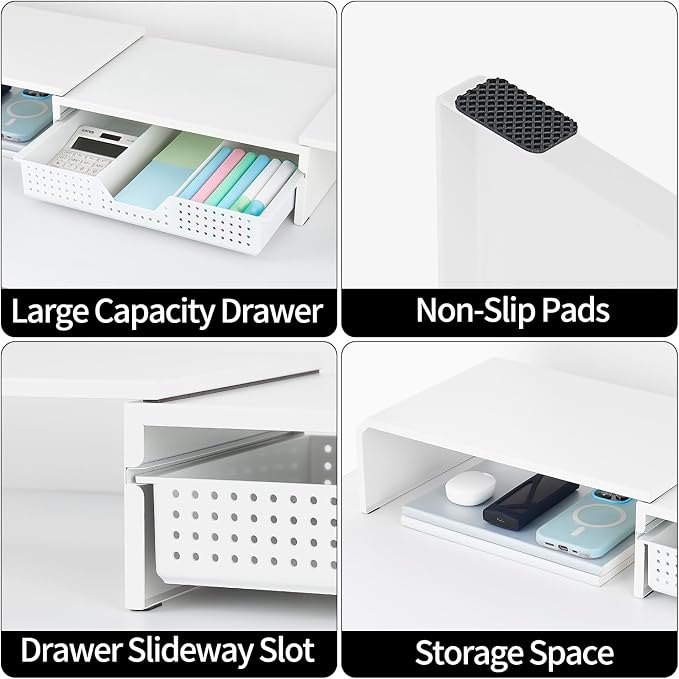 LEKETREE Dual Monitor Stand Riser with Drawer, Desk Organizer and Accessories, Metal Laptop Stand for Desk, Workspace Desktop Stand for Computer, Laptop, TV and More (White) - Image 6