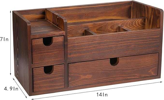 Rustic Brown Wooden Desktop Organizer Drawers Removable Office Supplies Torched Wood Storage Cabinet Caddy Box Stationery Pencil Slots Mail Holder Notes Accessories Home Makeup Tools Cosmetics - Image 2