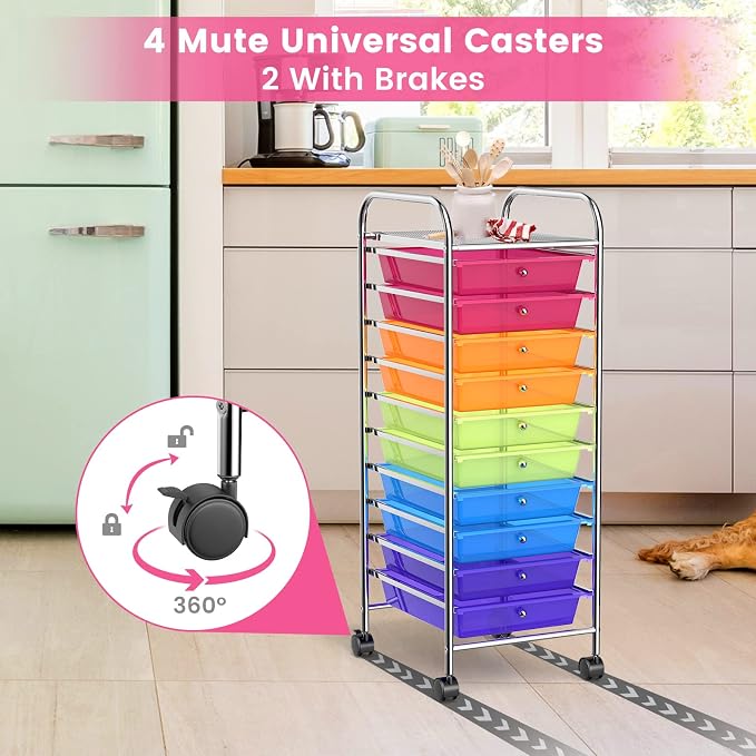 Storage Cart, Rolling Utility Cart with 10 Drawers, Portable Handles & Lockable Wheels, Mobile Paper Toys Storage Organizer Large Capacity for Home Office School Teacher (Rainbow) - Image 6