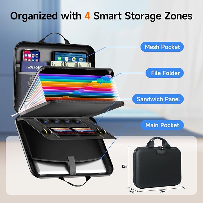 Fireproof Document Box with Lock, Waterproof Hard-Shell File Organizer with 13-Pocket Accordion Folder & Multi-Compartments for Laptop, Documents, Passports & Valuables - Image 3