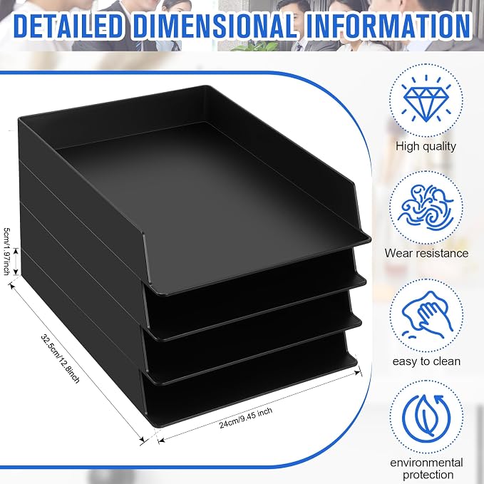 4 Pcs Stackable Paper Trays Rectangular Plastic Desk Holder Desktop Document File Organizer Storage Letter for Office Classroom (Black) - Image 2