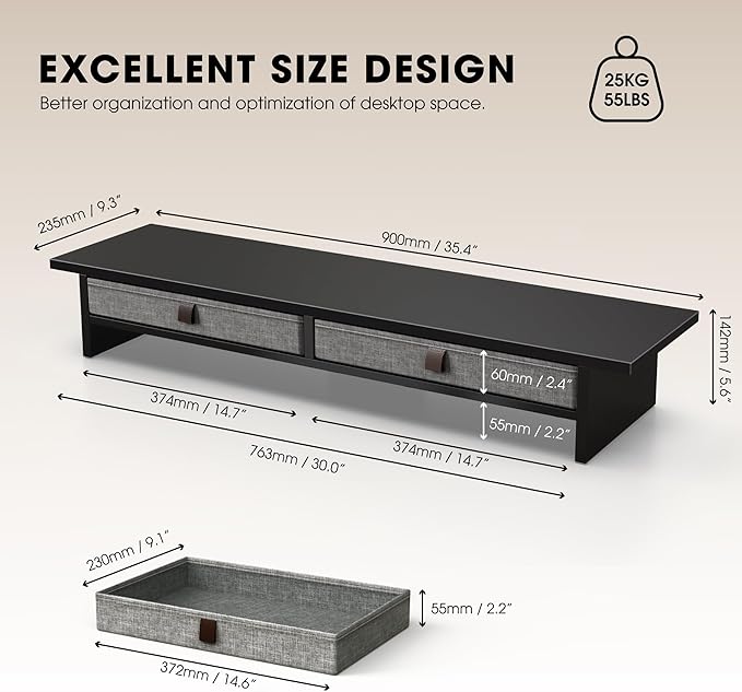 Fenge 35 Inch Monitor Stand with Drawer Storage, Computer Riser for Desk | Wooden Computer Shelf, 2 Tiers, for Dual Monitor/Laptop/PC/TV/Printer up to 55Lbs, Home Office Desk Organizer - Image 5