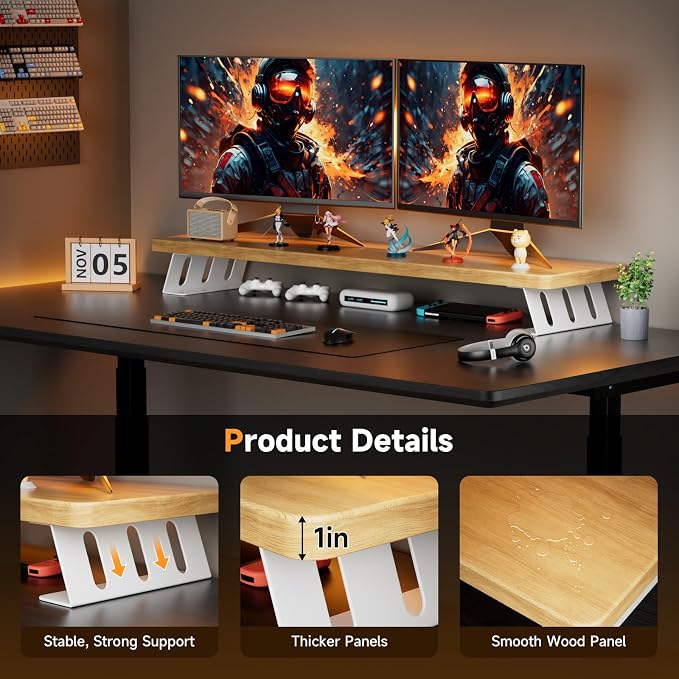 Dual Monitor Stand Riser, 39 Inch Large Wood Monitor Stands for 2 Monitors | Desk Monitor Riser for Computer/Laptop/Printer/TV, Stand Riser up to 220 lbs, Oak - Image 2