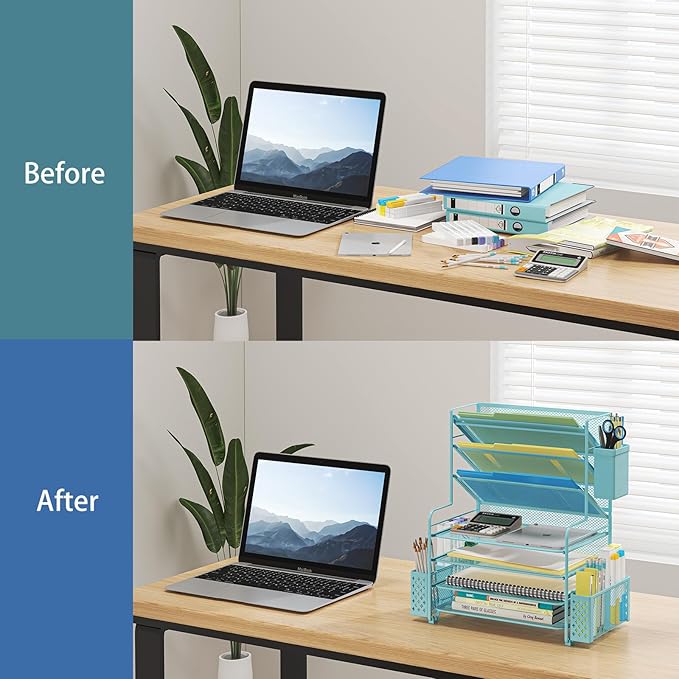 Simple Trending 7 Tier Desk File Organizer, Letter Tray Paper Organizer with Pen Holder and Metal Hanging Basket, Blue - Image 5