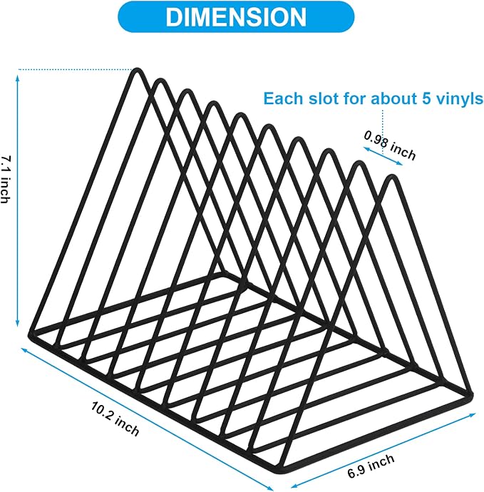 Vinyl Record Holder Storage, 9 Slot Metal Magazine Book Album Display Rack, Stylish Triangle Desktop File Sorter Organizer for Home Office, Black - Image 3