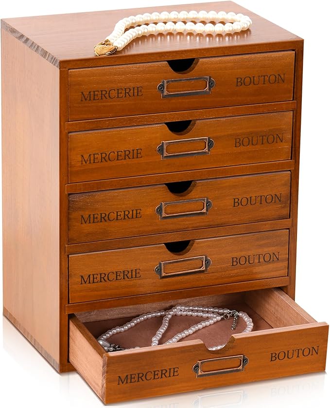Wesiti 5-drawer Vintage Wooden Desk Organizer, Rustic Apothecary Cabinet Storage Drawers, Home Office Organizer for Craft, Sewing, Jewelry, Gift - Wood Desktop Drawer Box, Stackable by Unteilti