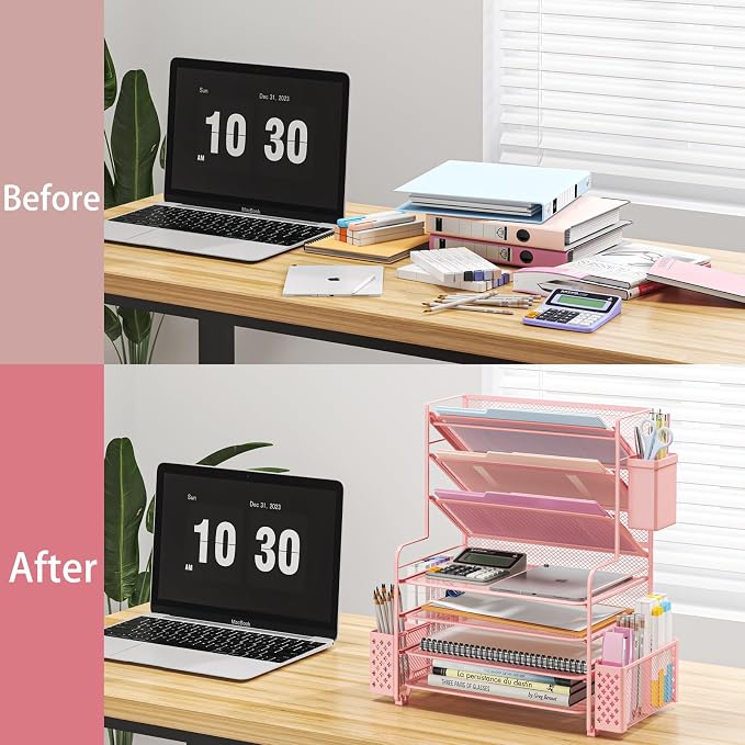 Simple Trending 7 Tier Desk File Organizer, Letter Tray Paper Organizer with Pen Holder and Metal Hanging Basket, Pink - Image 5