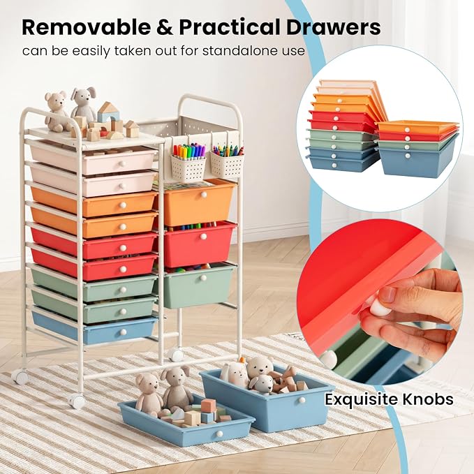 GOFLAME 14-Drawer Rolling Storage Cart with Pegboard, Craft Storage Cart with Lockable Wheels and Metal Frame, Art Cart Supply Storage Organizer for Home Office Classroom, Macaron Color - Image 7