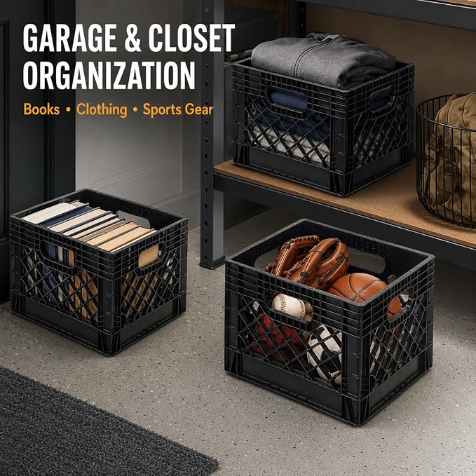 16-Quart Plastic Storage Crate with Handles, File Crate,Black(2 Pack) | Groups groceries, books, clothing, sports gear, and household supplies in a stackable 16-quart plastic crate. - Image 2