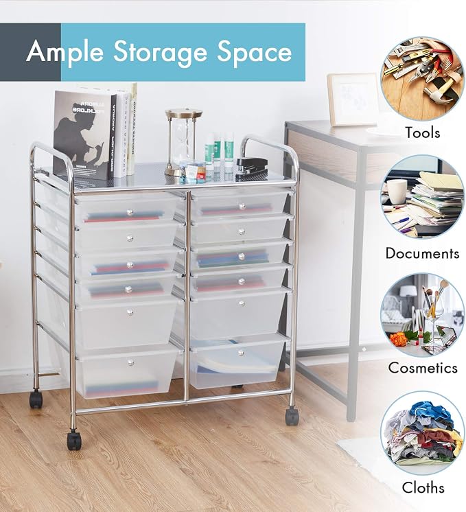 GOFLAME 12-Drawer Rolling Storage Cart, Multipurpose Organizer Cart with 2 Sizes Plastic Drawers, Mobile Utility Cart with Lockable Casters for School, Home Office, Beauty Salon, Clear - Image 4