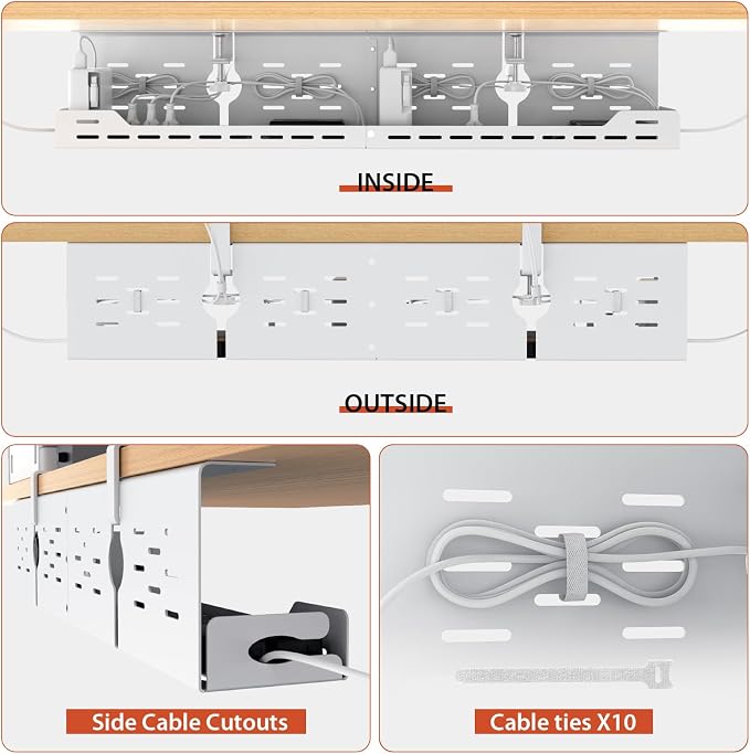 Univivi Under Desk Cable Management Tray, Cable Management, 32 inch, White | Durable Steel Material, Desk Cable Management with No-Drill C-Clamp and Screw Mount, Cord Management for Office/Home - Image 8