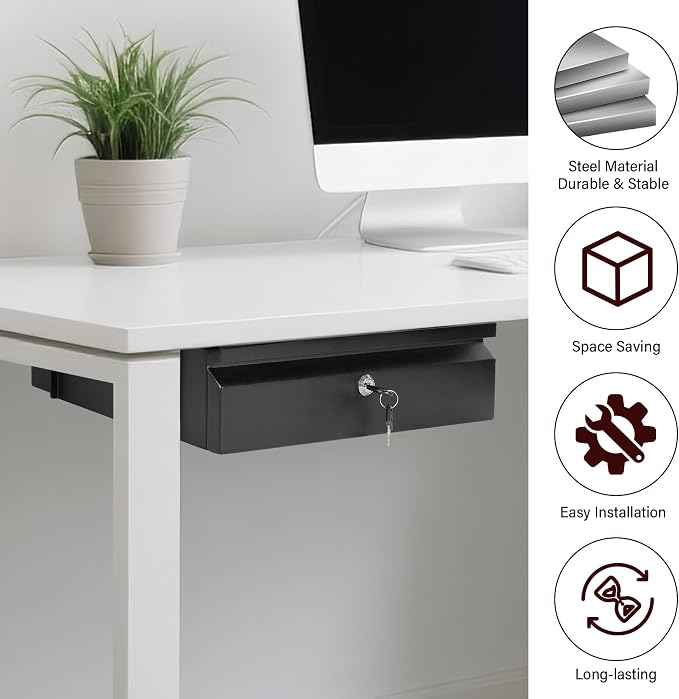 Under Desk Drawer 15.7" x 11.8" x 4.3" with Lock & Keys | Privacy Protection, Fits Framed & Unframed Desk, Smooth Slide Rail , Storage Organizer for Workbench, Office, Home - Image 4