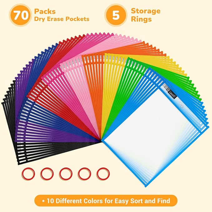 GAMENOTE 70 Pack Dry Erase Pockets, 10x14 Reusable Sleeves, 10 Colors | 70 reusable PVC pockets hold 8.5 x 11 and 9 x 12 sheets; double sided wipe clean surfaces, pen loops, eyelets, and 5 rings - Image 9