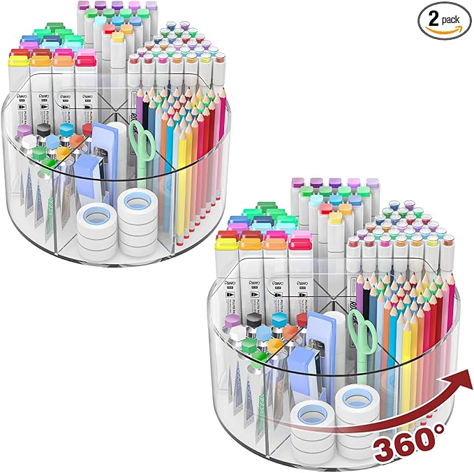500 PCS Acrylic Pencil Holder, 360 Rotating Clear Marker Organizer, Pen Crayon Marker Caddy Organizer for Desk, Desktop Storage and Organizer for Office School Art Supplies, 2 Pack by Absonic