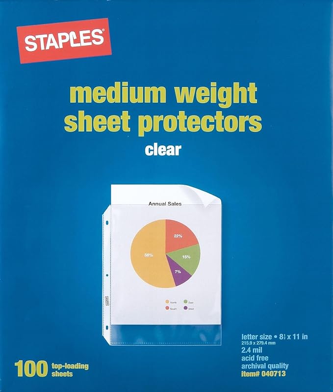 Staples Sheet Protectors, 8.5" x 11", Top‑Loading, 3‑Hole Punched, Clear Poly Page Protectors, 2.4 Mil Standard Weight, 500‑Pack - Image 2