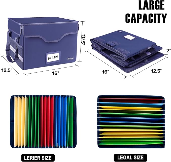 DocSafe Fireproof Document Box with Lock, File Storage Organizer with Mesh Pockets, Collapsible Portable File Box Home Office Safe Filing Cabinet with Handle for Hanging Letter/Legal Folder, Blue - Image 5