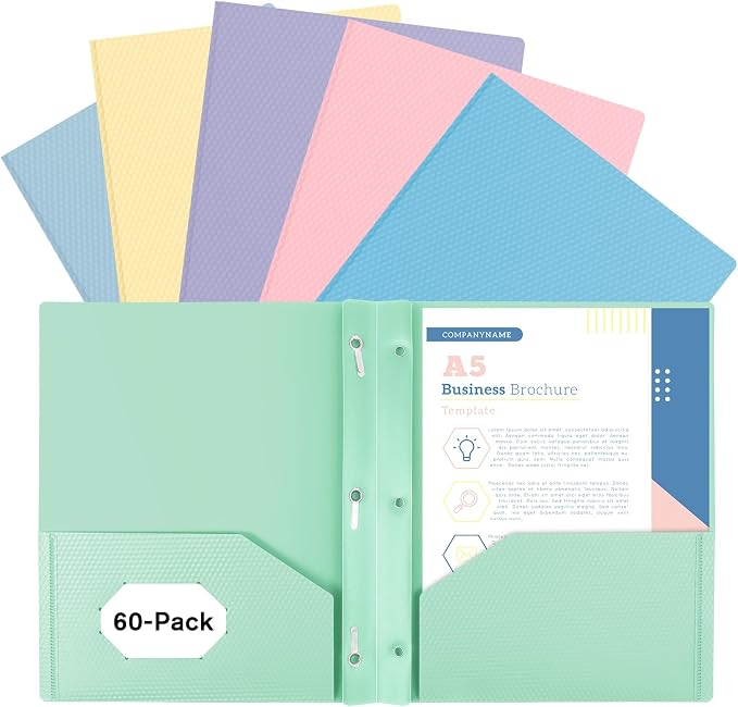 60-Pack Plastic andPockets and Prongs,2-Pocket and3 Fasteners, Holds 8-1/2" x 11" Paper for School/Office/Home, Pastel Color by EEHZTSIOFFICE