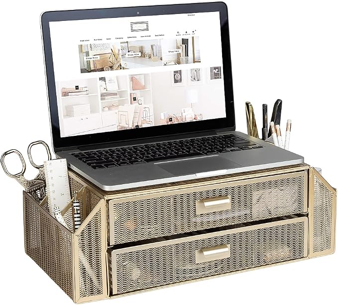 BLU MONACO | Monitor Stand with Drawer Storage | Desk Top Monitor Stand Riser Gold | Computer Support Organizer Elevador de Monitor by Blu_Monaco