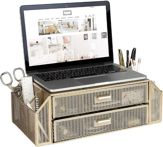 BLU MONACO | Monitor Stand with Drawer Storage | Desk Top Monitor Stand Riser Gold | Computer Support Organizer Elevador de Monitor by Blu_Monaco