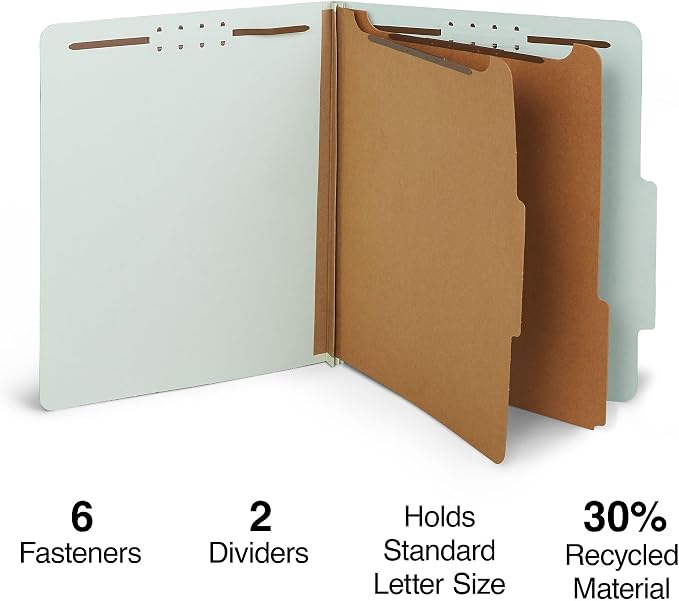 Staples Top‑Tab Pressboard Classification Folder, Letter Size, 2 Partitions, Gray/Green, Durable Construction, 10/Box - Image 2