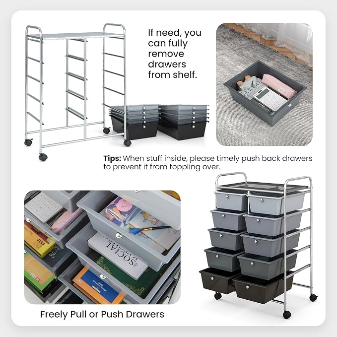 Moccha Rolling Storage Cart with 10 Drawers - Under Desk Cabinet on Wheels for Craft Art Supply Paper Salon, Scrapbook Paper Tools, Multipurpose Mobile Utility Cart for Classroom, Gradient Grey - Image 7