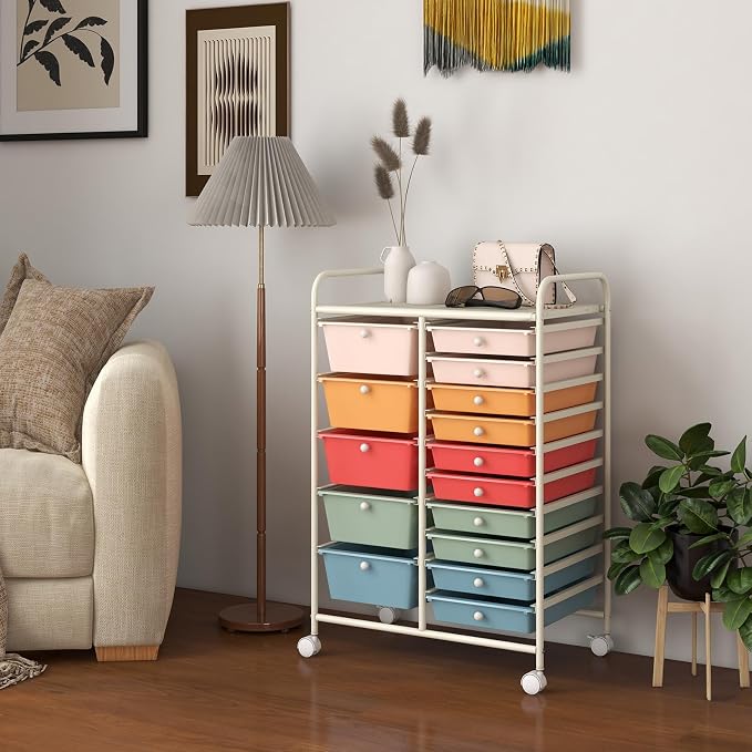 GOFLAME 15-Drawer Rolling Storage Cart, Craft Storage Cart with Removable Drawers & Lockable Wheels, Art Cart Supply Storage Organizer for Home Office Classroom, Macaron Color - Image 9