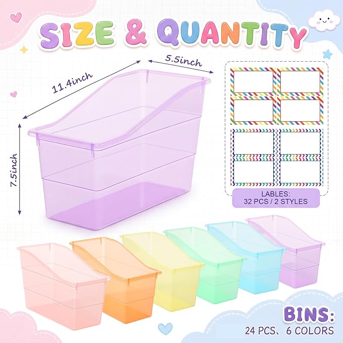 Blosssound 24 Set Book Bins for Classroom with Label Sticker Book Box Baskets Plastic Stackable Organizing Bins Storage & Organization for Classroom Library Home School Supplies (Translucent Pastel) - Image 2