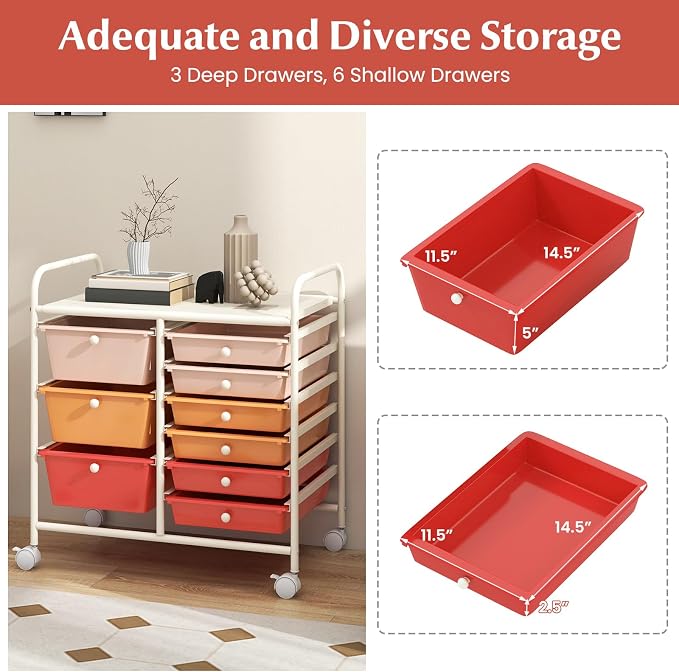 Moccha 9-Drawer Rolling Storage Cart - Under Desk Storage Drawers with wheels for Craft Art Supply Paper Salon, Scrapbook Paper Tools, Mobile Utility Cart for Classroom, Macaron - Image 4