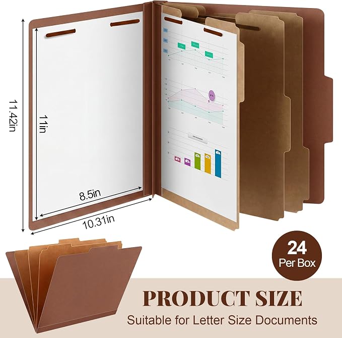 AmazingSpark 24 Pcs Classification Folder Letter Size Bulk 3 Divider Pressboard File Folder with Expansion 2 Prong Fastener Heavy Duty Office File Organizer for School Medical Document(Kraft Paper) - Image 4
