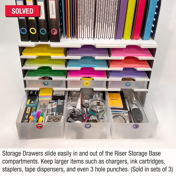 Ultimate Office TierDrop Storage Drawers, 9w x 12d x 4.75h, Set of 3, Clear | Color-coded finger rings for easy access to contents; stores desk accessories and supplies; designed for TierDrop organizers - Image 3