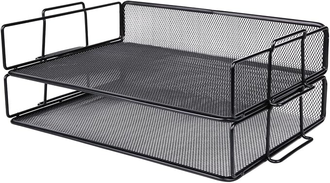 Exerz Letter Trays Stackable Paper Sorter/Desk Organiser/File Tray for Desk - Wire Mesh Metal File Rack - Office, School, Home Study (Black 2pcs) | Two Tier Metal Mesh Stackable Saves Desk Space Holds A4 Papers Folders Notebooks Magazines For Office Ho... by Exerz