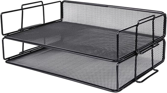 Exerz Letter Trays Stackable Paper Sorter/Desk Organiser/File Tray for Desk - Wire Mesh Metal File Rack - Office, School, Home Study (Black 2pcs) | Two Tier Metal Mesh Stackable Saves Desk Space Holds A4 Papers Folders Notebooks Magazines For Office Ho... by Exerz