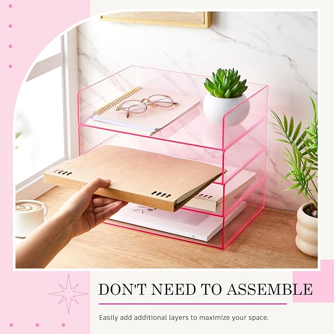 Harloon 4 Tier Paper Organizer Letter Tray Pink Acrylic Desk File Organizer Heavy Duty Stackable Documents Clear Letter Paper Holder Office Tray for A4, Office Classroom Home File Pad Notebooks - Image 3