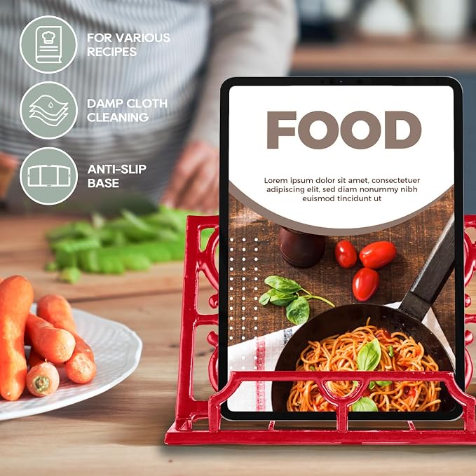 JOGREFUL Cast Iron Cookbook Stand, Kitchen Recipe Holder Scrollwork Red | Heavy-Duty Book Vintage Holder, Reading Rest Holder for Easel/Counter/Books/Magazine/iPad/Bible - Image 3