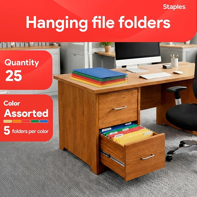 Staples Heavy Duty Reinforced Hanging File Folders, 1/5-Cut Tab, Legal Size, Assorted Colors, 25/Box (ST18657-CC) - Image 2