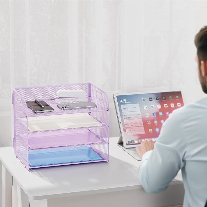 Marbrasse 4 Tier Paper Organizer Letter Tray - Mesh Desk File Organizer with Handle, Paper Sorter Organizer for Letter/A4 Office File Folder Holder (Purple, 12.6" x 9.1" x 10.7") - Image 6