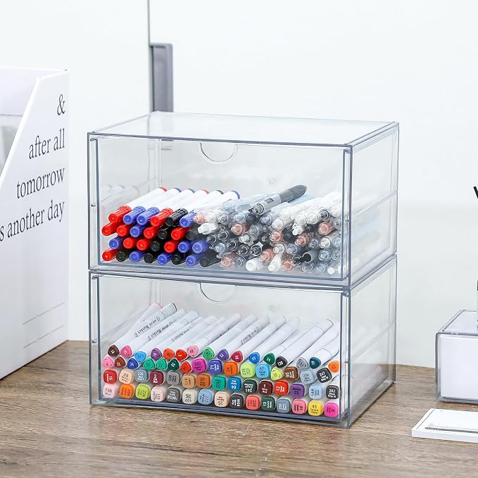 Clear Plastic Drawer Organizer, 2 Pack, 2 Drawers | Stackable, For Office Supplies, For Marker Pen, For Art Crafts & Stationery, For Coffee Pods - Image 7