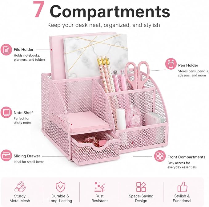Exerz Desk Organizer 7 Compartments Metal Mesh Pen Holder Caddy Light Pink | Soft Color Desktop Storage for Notes Clips Scissors Rulers Craft Tools Makeup Study and Home Use - Image 7