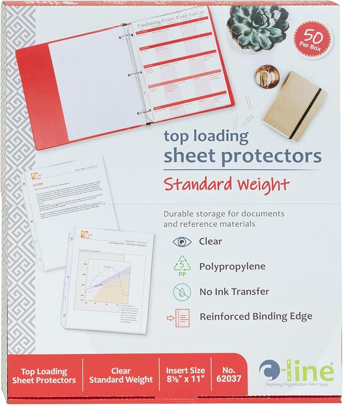 C-Line Top Loading Standard Weight Poly Sheet Protectors, Clear, 8.5 x 11 Inches, 50 per Box (62037) by C-Line