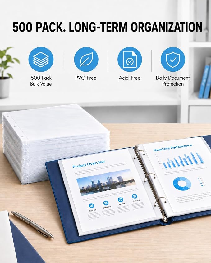 KTRIO Sheet Protectors for 3 Ring Binder 500 Pack, Plastic Sleeves 8.5 x 11 | Clear Page Protectors, Acid-Free Plastic, Fits Letter Size Paper Documents, Top Loading, Business Office School Supplies - Image 8