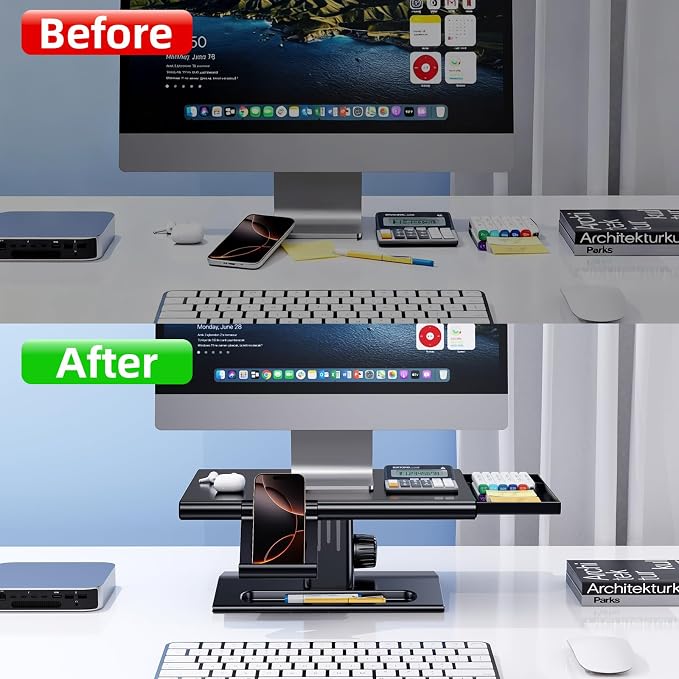 Ergonomic Height Adjustable Monitor Stand Riser,with Hidden Drawer | Knob Height Adjustment, Desktop Organizer for Home & Office Workspace, with Phone Holder & Pen Slot - Image 4
