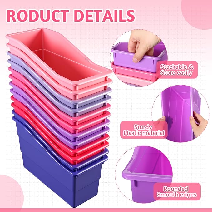Teling 12 Pcs Book Bins Bulk for Classroom Storage Plastic Magazine Holder with Label Interlocking File Folder Organizer Binder Container Box for School Office Desktop Bookshelf Home (Pink Purple) - Image 4